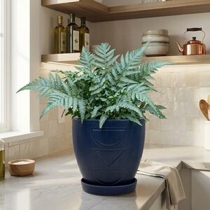 Modern Cobalt Blue Ceramic Barrel Planter with Attached Saucer – 7 Inch